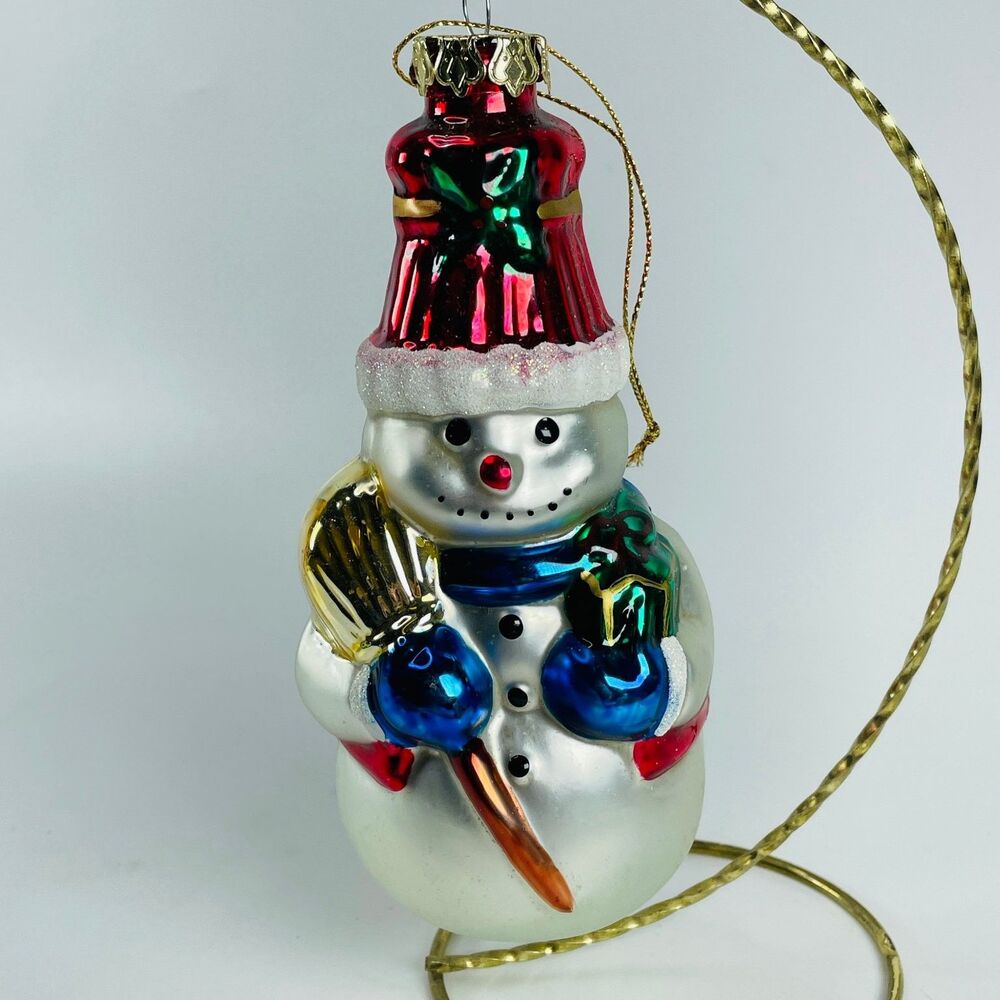 Glass Snowman Ornament with Broom Christmas Holiday Large Hand Painted